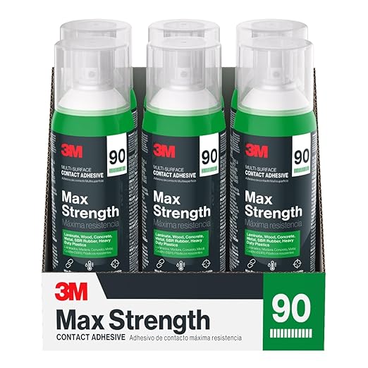 3M Max Strength 90 Contact Adhesive Spray, 12.6 oz (Pack of 12) – Low VOC Heavy Duty Glue with Adjustable Nozzle, Heat & Water Resistant Bond for Metal, Wood, Plastic, Laminate, Concrete