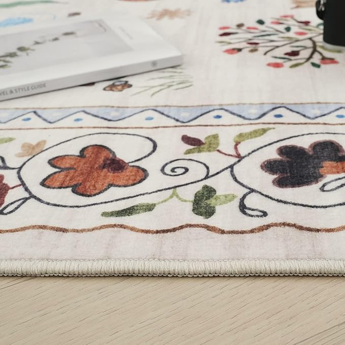 Rugcomf Area Rug 4x6 Rug Washable Boho Rugs Non Slip Low Pile Floral Animal Cat Small Carpet for Bedroom Bedside Kids Room Office Dining Room, Beige