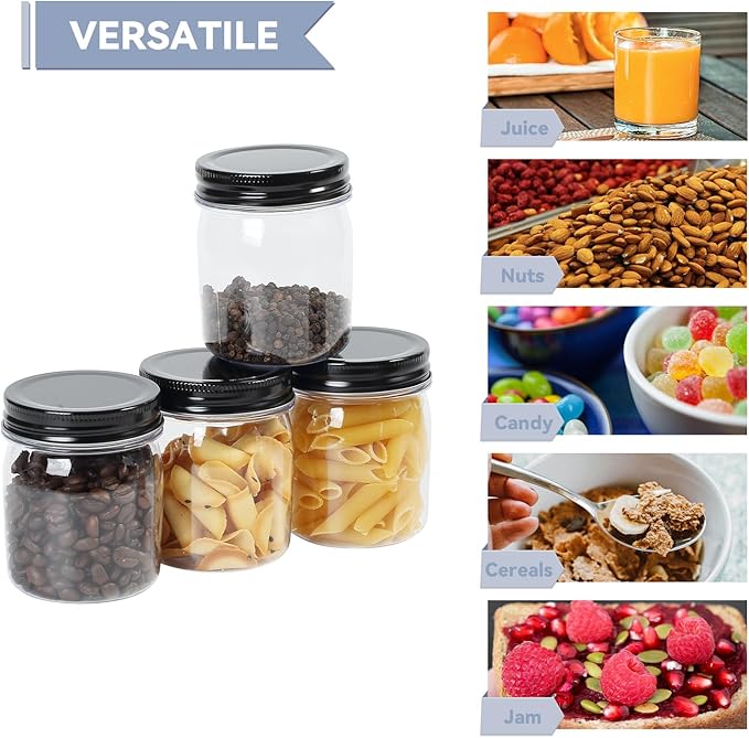 novelinks 8 oz Clear Plastic Jars with Screw-On Lids - BPA-Free Refillable Storage Containers for Slime, Spices, Crafts, Kitchen & Home Organization (24 Pack,Black)