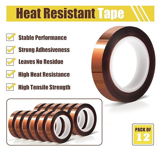 12 Rolls 10mm x16m(52FT) Heat Tape High Temperature Heat Resistant Tape Heat Transfer Tape for Heat Sublimation Press Vinyl,No Residue