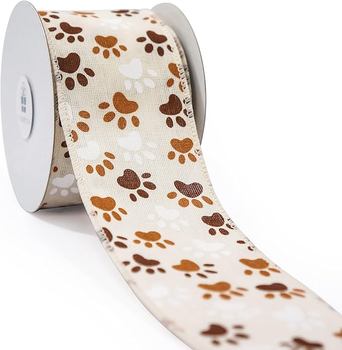 CT CRAFT LLC Ivory Canvas Dog Paw Wired Ribbon 2.5 Inch x 10 Yards for Christmas Home Decor Tree Topper Bow Gift Wrapping DIY Crafts Wreath Garland
