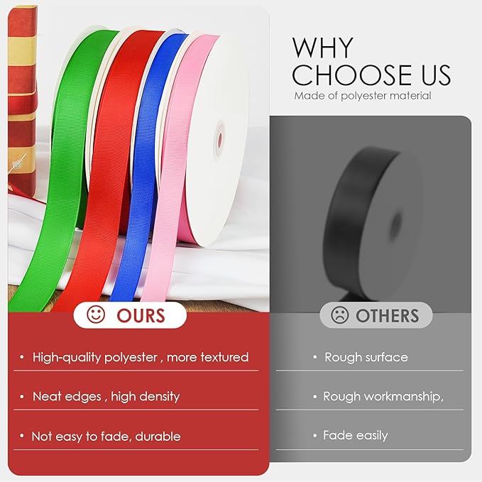 100 Yards 1 inch Grosgrain Ribbon, Solid Color Fabric Ribbon Perfect for Gift Wrapping, Wedding, Handmade Bows, Floral Bouquets and Party Decoration(red)