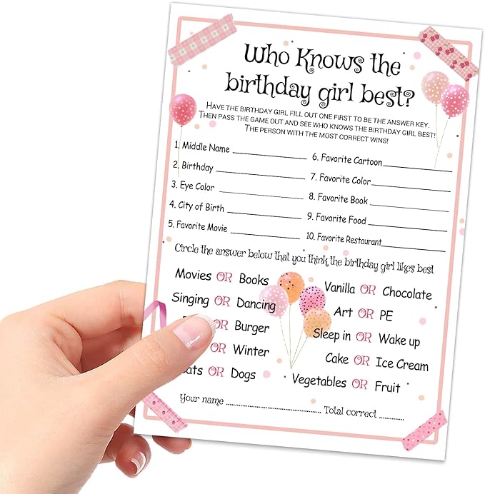 Who Knows the Birthday Girl Best - Girl Birthday Party Game - Themed Party Activity and Idea - Supplies, Decorations - 20 Game Cards
