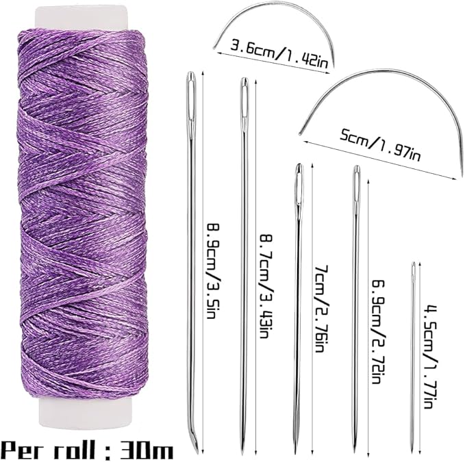 Ftyiwu Waxed Thread, Upholstery Needle and Thread 32 Yards with 7PCS Hand Sewing Needles for Home Upholstery Carpet Canvas Repair Leather Sewing (Purple)