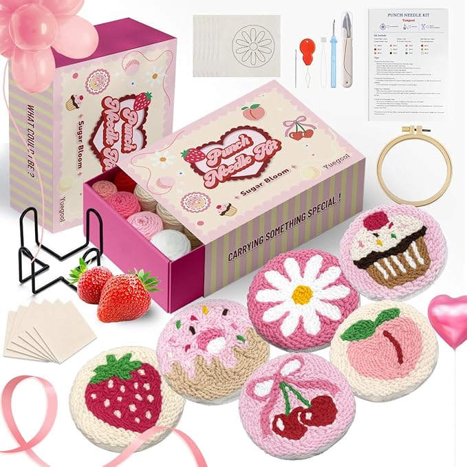 yuegool 6PCS Punch Needle Coaster Kit,Easy DIY Embroidery Set for Beginners, Kids & Adults with Patterns, Tools, Yarns, Hoop, Instructions & Coaster Holder