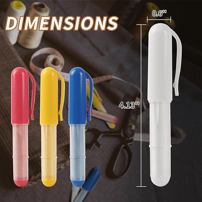 (4-pack) Fabric Chalk Markers (Red, Yellow, Blue, White) -Erase Tailor’s Chalk for Quilting and Sewing - Compatible with Most Fabrics - With Dosing Wheel Technology, 4 Colors