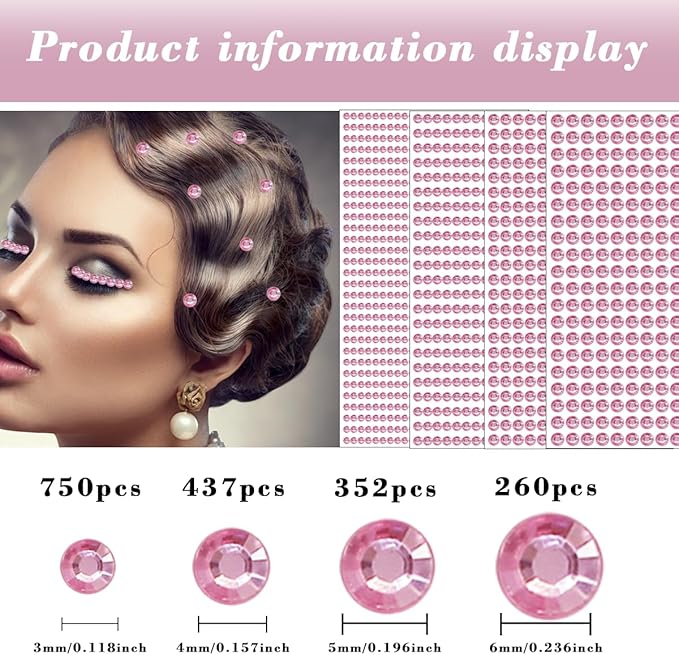 1799 Pcs 4 Sheets Rhinestone Stickers 3/4/5/6 mm Self Adhesive Rhinestones Gems for Face Eyes Makeup Hair Body (pink-3/4/5/6mm)