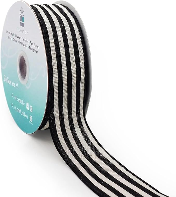 CT CRAFT LLC Striped Canvas Cotton Ribbon 2.5" x 50 Yards Ivory/Black Stripes for Thanksgiving Christmas Home Décor Gift Wrapping Outdoor Tree Topper Bow Wreath