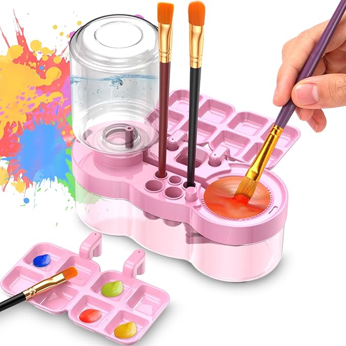 2025 Upgraded Paint Brush Cleaner Tool – All-in-One Paint Brush Washer, Rinse Cup, Holder, and Palette for Artists Beginners | Ideal Art Supplies for Watercolor & Acrylic Painting(Pink)