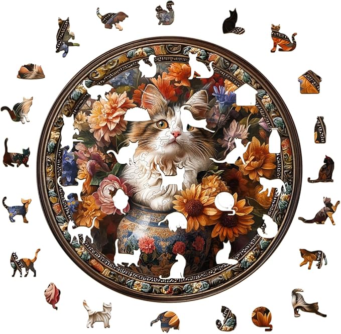 Wooden Puzzles Adults, Beautiful Tricolor Cat Wooden Puzzles 200 Pieces, Unique Animal Shaped Wood Challenging Jigsaw Puzzles Gifts for Adults, 11.4x11.4in