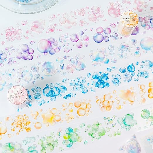 6 Rolls Bubbles PET Tape Set, Pre-Cut Colorful Stickers for Journaling, Scrapbooking, and DIY Crafts, with Decorative Clip