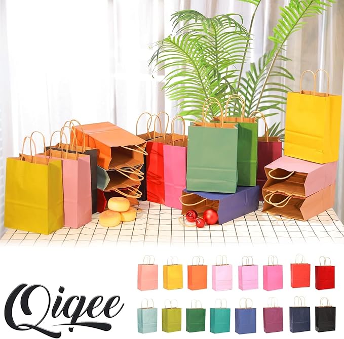 qiqee 32-Packs Paper Bags with Handles Bulk 7.6"x4.75"x10.5" Medium Gift Bags 16 Different Senior Color Bags Multiple Uses（Medium Size）