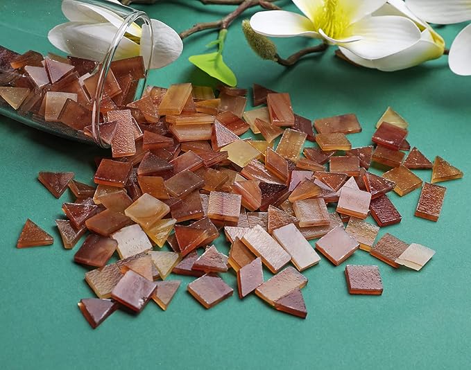 Lanyani Glass Mosaic Tiles for Art Crafts, 4 Shapes Mixed Colorful Tiles Tier, 200 Pieces, Square/Rectangle/Diamond/Triangle, Medium Brown