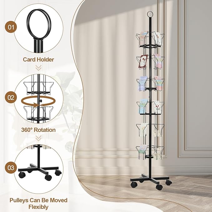 PATIKIL 6 Tier Rotating Greeting Card Rack, Metal Spinning Greeting Card Display Stand Portable Postcard Rack Holder Organizer for Postcard Sticker Photo Desk Book Stamp, Black