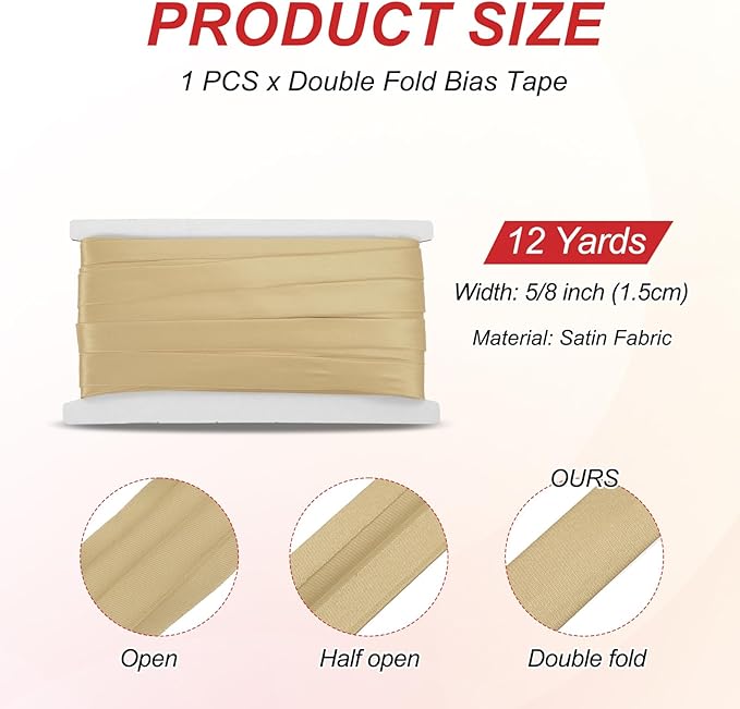 MECCANIXITY Double Fold Bias Tape for Sewing 5/8 Inch x 12 Yards Satin Pre-fold Continuous Binding Tape for Seaming Quilting Hemming Binding DIY Crafts, Light Brown