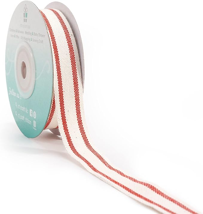 CT CRAFT LLC Ivory Cotton Red Stripes Ribbon 5/8" x 10 Yards for Home Décor Gift Present Wrapping DIY Crafts Birthday Wedding Bouquet Christmas