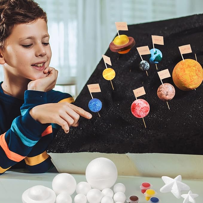 Pllieay 63PCS Solar System Foam Ball Kit Includes Color Pigments, Palette, Mixed Sized Polystyrene Spheres Balls, Toothpick Flag, Painting Brushes, Bamboo Sticks for School Science Projects