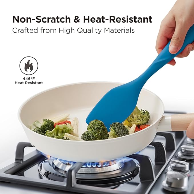 Kitchen Mama WaltzGrip Platinum Silicone Scraping Spatula: Heat Resistant, Seamless, Non Stick for Frying Pan Cookware, Safe, Flexible Bowl Scraper - Ideal for Mixing, Baking, Stirring (Blue)