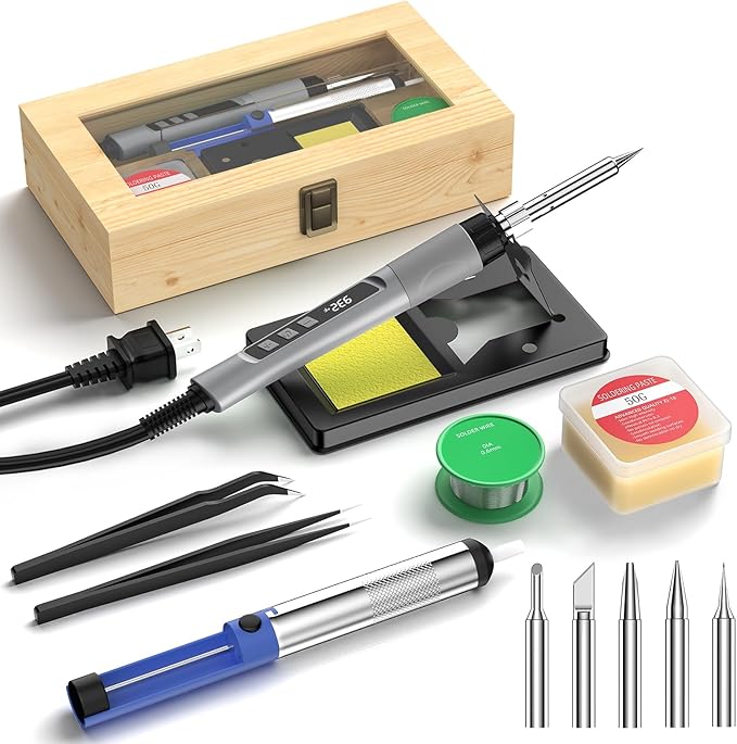 Soldering Iron Kit, 190W Soldering Gun, 110V LED Solder Kit for Electronics, Adjustable Temperature 356-932℉, Includes Solder Wire, Sucker, Tips, Stand, Tweezers, Paste and Solid Wood Box, Grey
