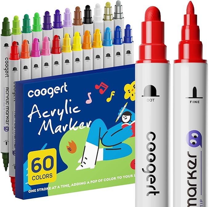 60 Colors Dual Tip Acrylic Paint Markers,Fine Tip and Dot Tip Acrylic Paint Pens For Rock Painting, Canvas, Wood, Glass, Ceramic, Fabric, Plastic, Egg, Art Painting Supplies Kit