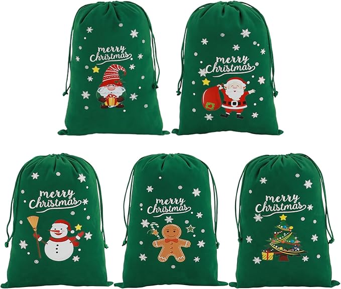 Tapleap Coth Christmas Bags with Drawstring - 50Pcs 7x10 Green Velvet for Small Bussiness Wrapping Christmas Party Favors or Gifts for Friends, Coworkers