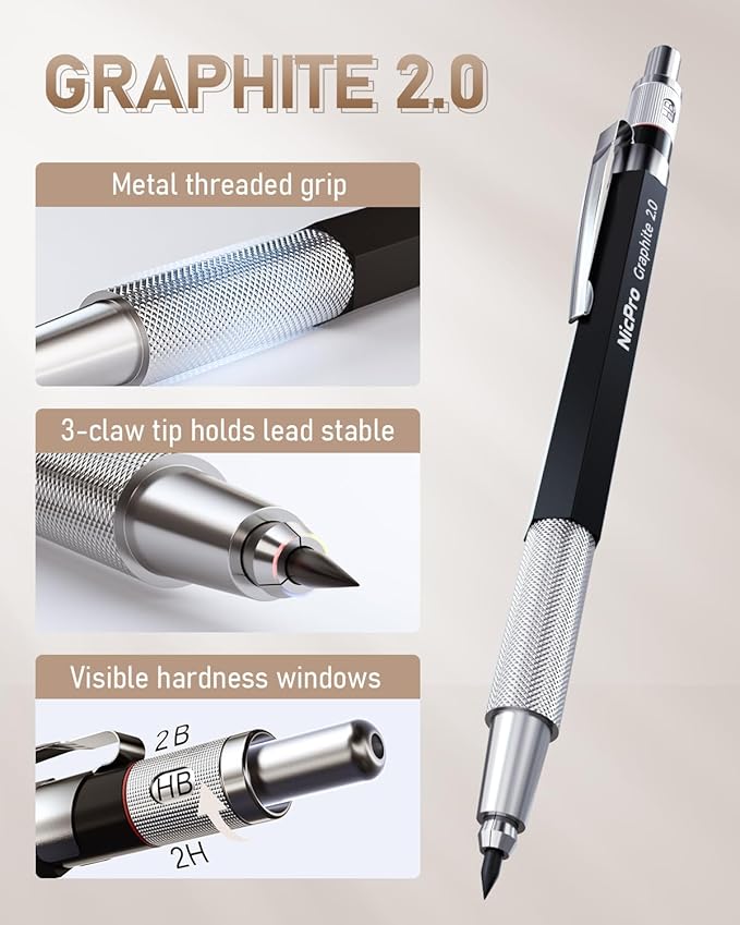 Nicpro 35PCS Art Mechanical Pencil Set, 3 PCS Metal Drafting Pencil 0.5 mm & 0.7 mm & 0.9 mm & 3 PCS 2mm Lead Holder (6B 4B 2B HB 2H 4H Colors) For Sketching Drawing With 20 Tube Lead Refills Case