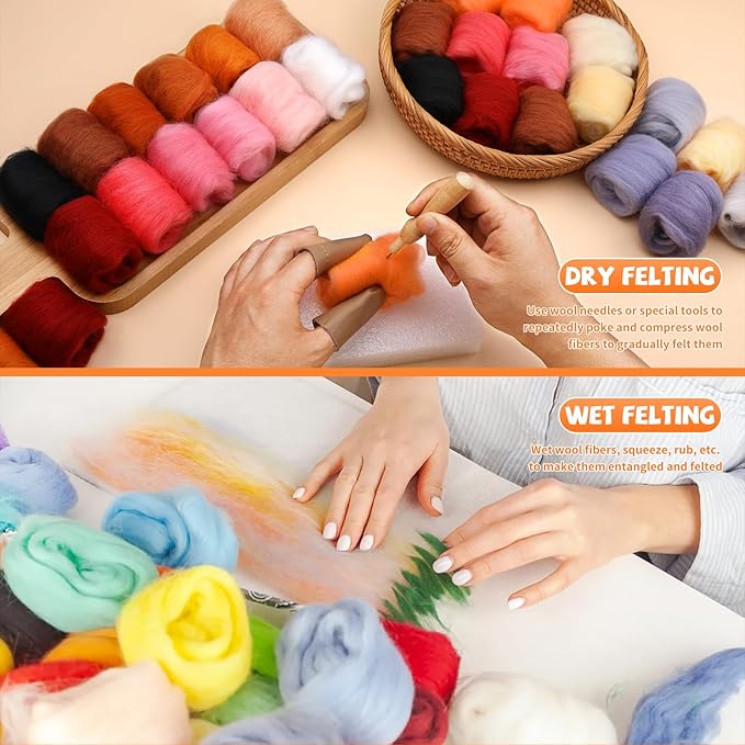 Mayboos 72 Pcs 7.6 oz Needle Felting Wool, 24 Colors Wool Roving Yarn, Fiber Wool Roving for DIY Hand Spinning Needle Felting Wool Craft 3g/Pack