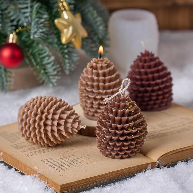 KDW Soy Wax Beads for Candle Making Christmas Tree Silicone Mold Large+Small 3D Candle Molds and Pine Cone Silicone Mould Accessories Set Christmas Gift for Friends and Family