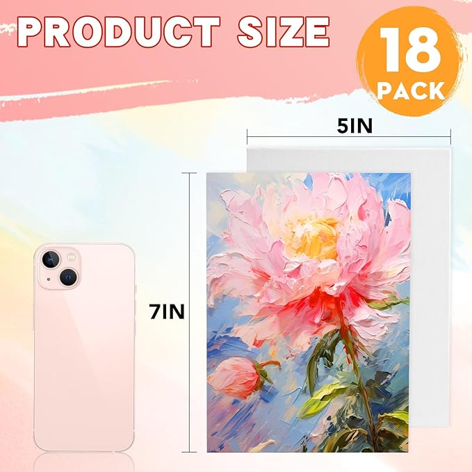 ESRICH 5x7IN Small Canvases for Painting, 18 Pack Mini Canvas Boards 100% Cotton Painting Canvas Primed Acid Free Mini Blank Canvas Panels for Oil Paint,Watercolor,Acrylic Paint,Gouache&Tempera.