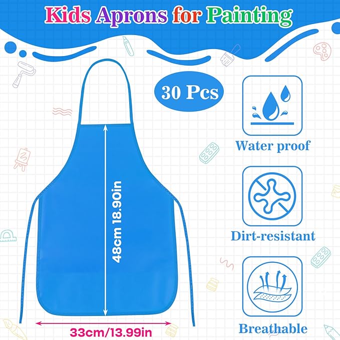 PLULON 30 Pcs Kids Apron Painting Aprons Kids Aprons for Painting Blue Art Smocks Bulk for Art Activity Craft Home Kitchen Classroom Party Supplies