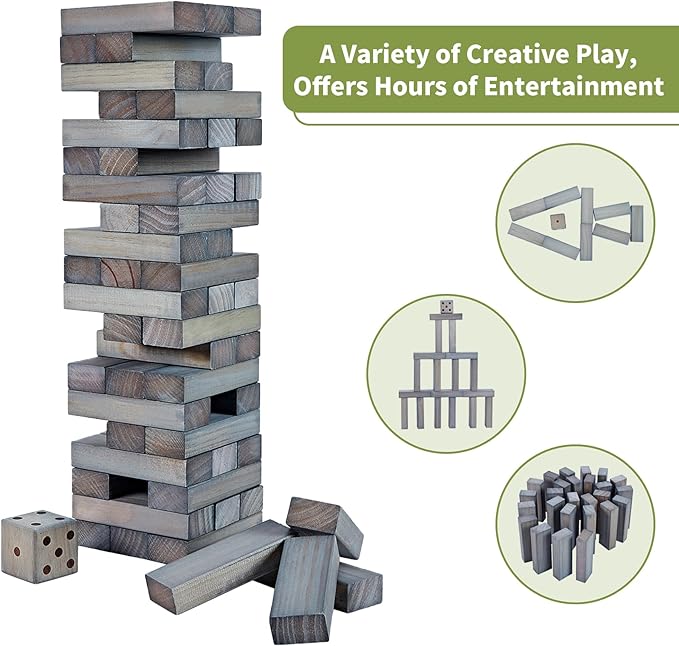 ApudArmis 54 PCS Tumble Timber Set Up to 3.2FT, Pine Wooden Tumble Tower Game with Dice and Scoreboard Set - Classic Block Stacking Board Game for Adults Teenagers (Gray)