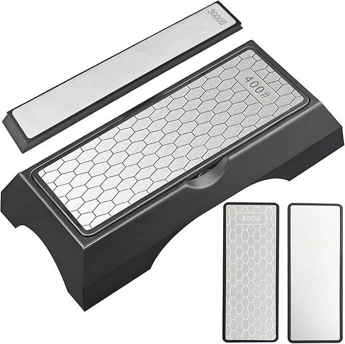 Diamond Sharpening Stone Set, Knife Sharpener Stone, Double-sided Coarse 400 / Fine 1000# | Extra Fine 3000 Grit, 2 Sizes Whetstone Tool with Non-Slip Base, Diamond Plate Honing Stone, Hone Sharpener