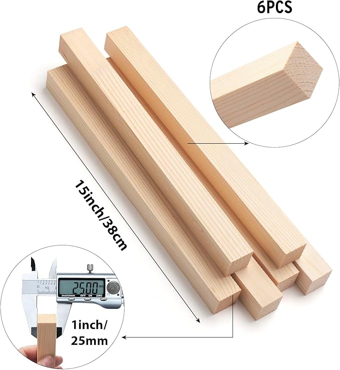 Square Wooden Dowel Rods, 6 PCS 1" x 15" Square Wood Dowels Wooden Sticks for Crafting, Unfinished Hardwood Sticks Wooden Strips for Woodworking, Crafting, Arts and DIYers, Home Decor, Model Making