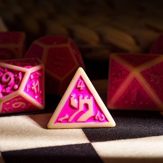 7-Die DND Dice Set New Pattern Polyhedral Dice Set with Leather Bag D&D Die for RPG Table Games(Yellow Pink)