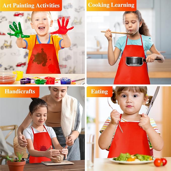24 Pieces Red Kids Painting Aprons Kids Art Aprons with 2 Roomy Pockets Kids Aprons for Art Painting Activity Kitchen Crafts