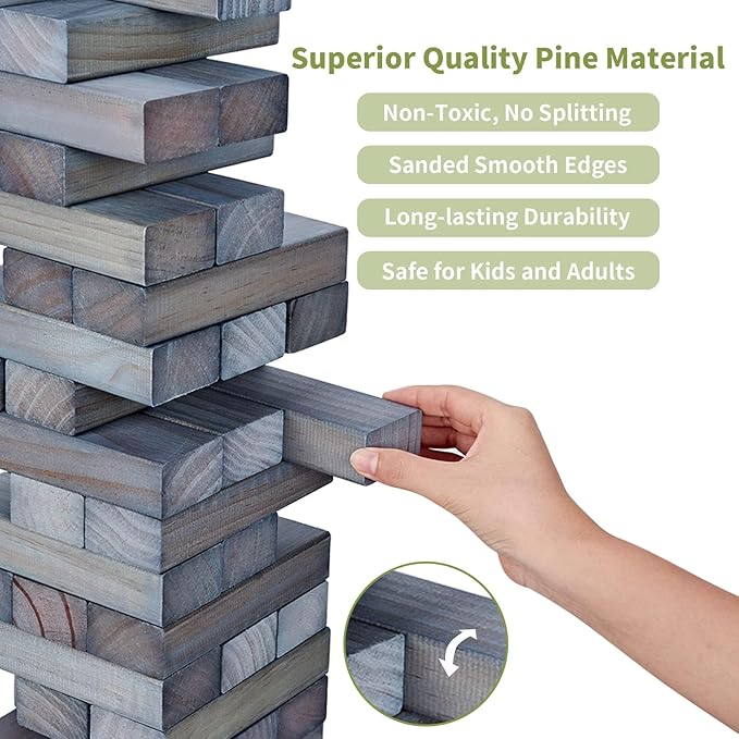 ApudArmis 60 PCS Giant Tumble Tower Stack to 5Ft, Pine Wooden Stacking Timber Game with 1 Dice Set - Classic Block Giant Outdoor Game for Teens Adults Family (Gray)