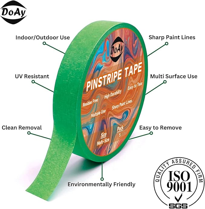 5 Rolls Pinstripe Tape - Masking Tape 1/16", 1/8", 1/4", 1/2", 3/4" - Thin Painters Masking Automotive Tape for DIY, Car, Auto, Paint, Art, Tumblers (Green)