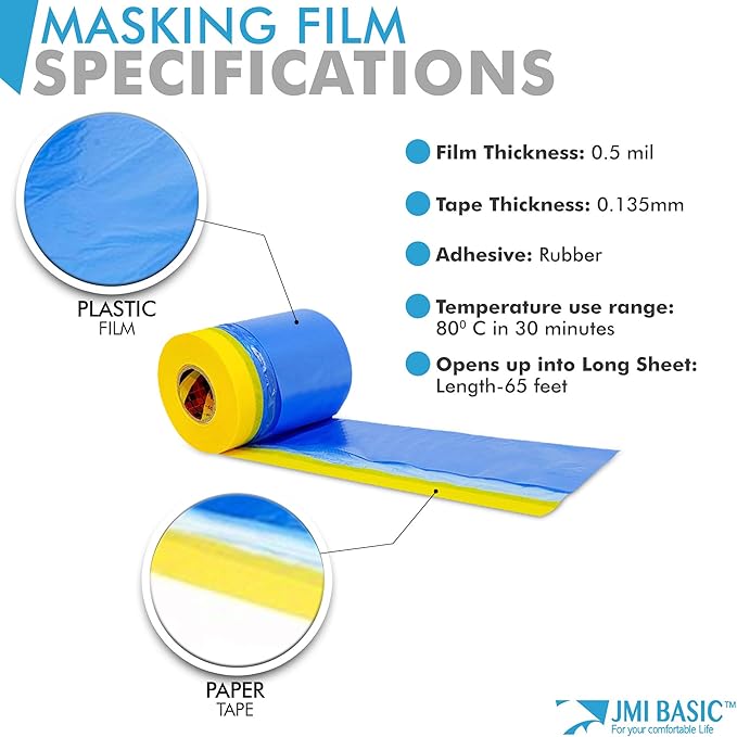 Plastic Sheeting for Car Paint – Assorted 3 Sizes Multi Pack – No Residue Painters Tape with Drop Cloth – Automotive Masking Tape with Tarp Waterproof 65 Feet (94 x 59 x 35 Inch - 3RL)