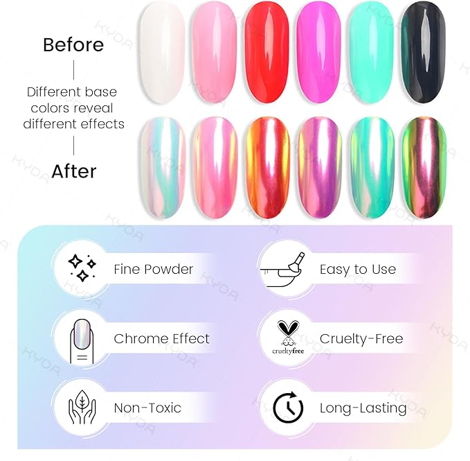 Ownest 2 Pcs Neon Chrome Nail Powder, Unicorn Chrome Nails Glitter Pigment, Aurora Iridescent Powder Pigment for Nails, Opal Pearl Mica Powders, Chameleon Pearl Manicure Pigment