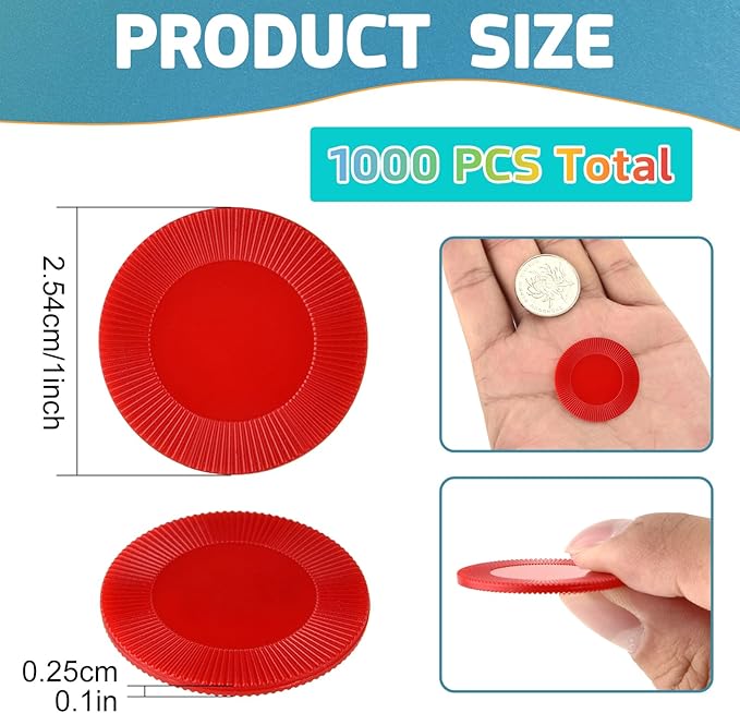 Coopay 1000 Pieces Plastic Poker Chips, Bingo Chips Bulk Learning Counters Disks Poker Card Game, Counting Markers for Math Practice, Game Tokens and Teaching Rewards, 25 mm/ 1 Inch (Red)