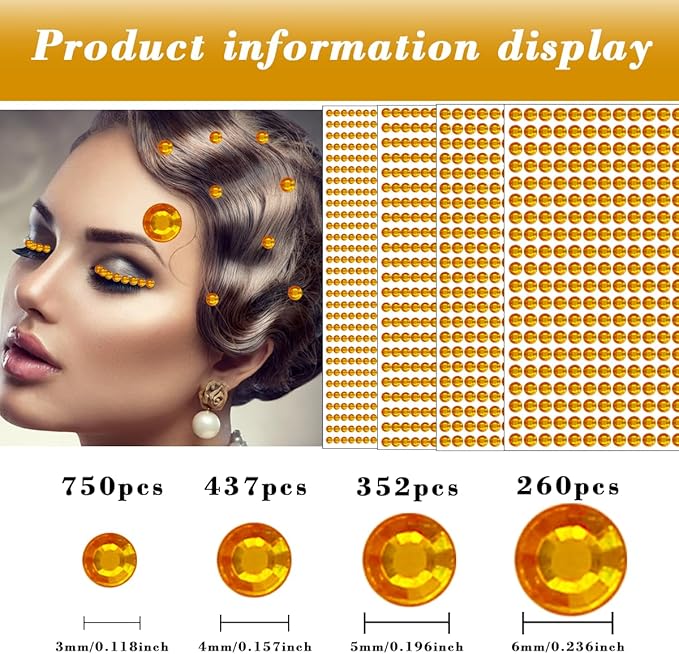1799 Pcs 4 Sheets Rhinestone Stickers 3/4/5/6 mm Self Adhesive Rhinestones Gems for Face Eyes Makeup Hair Body (gold-3/4/5/6mm)