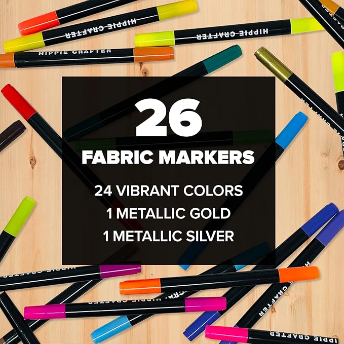 Fabric Markers, Permanent No-Bleed Fabric Pens for Clothes, Baby Clothes, Canvas, Upholstery, T-Shirts, Shoes, and More, 26 Piece Set for Artists and Kids, Ideal for Coloring and DIY Projects