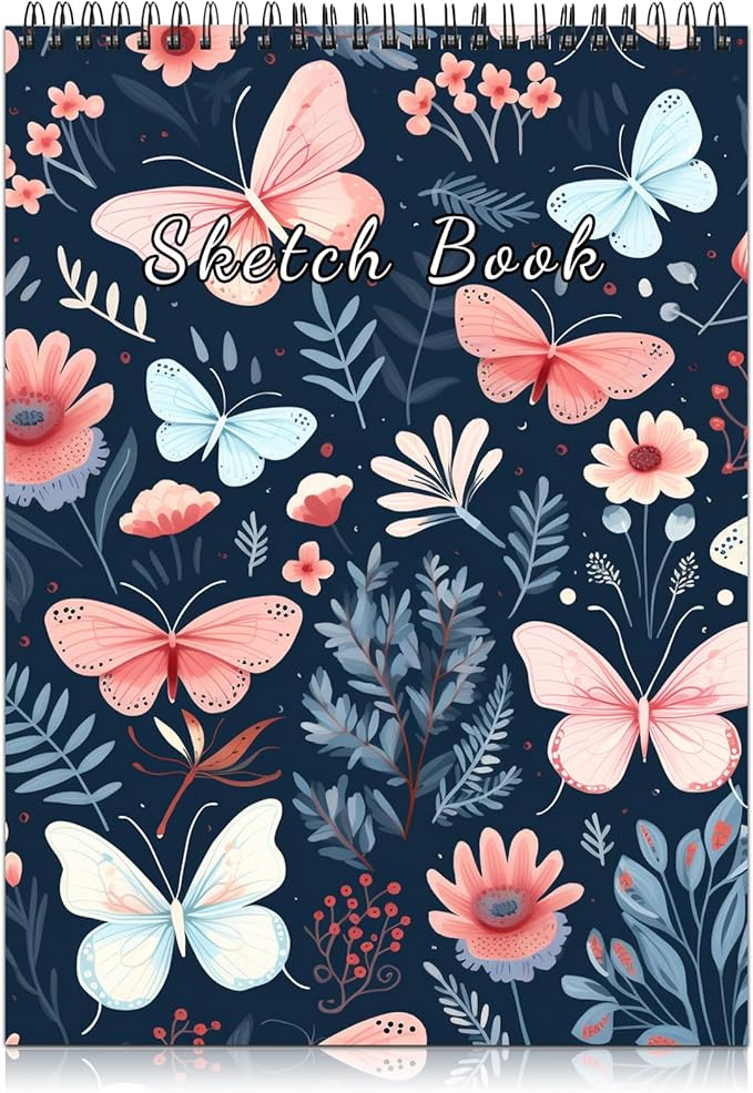Deokke Sketchbook Top Spiral Bound Sketch Pad, 9 x 12 inch,100GSM Thick Paper,50 Sheets 100 Pages,Art Sketch Book Aesthetic Cute Drawing Writing Paper for Girls Women-Butterfly Flower