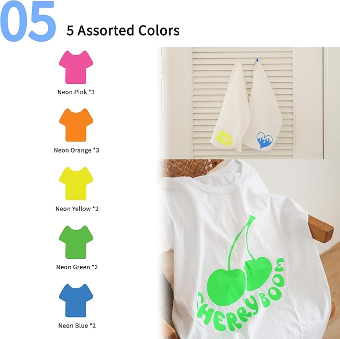 QuuCut Heat Transfer Vinyl Bundle: 12 Pack 12" x 10" Sheets, 5 Neon Vinyl Assorted Full Matte Color, Pink Neon Iron on Vinyl Neon Green for T-Shirts, Cricut & Silhouette - Easy to Cut & Weed