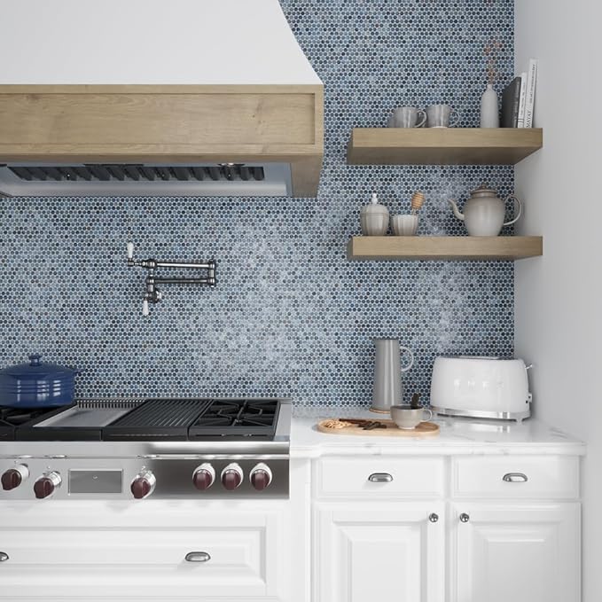 Denim Blue Penny Round Mosaic Glass Tile – 12.2 x 12.2 Inch - 10 Sheet Pack - Luxurious Design for Bathroom Walls, Kitchen Backsplash, Shower Walls - Elegant Wall Decor - NOT Peel and Stick Tile