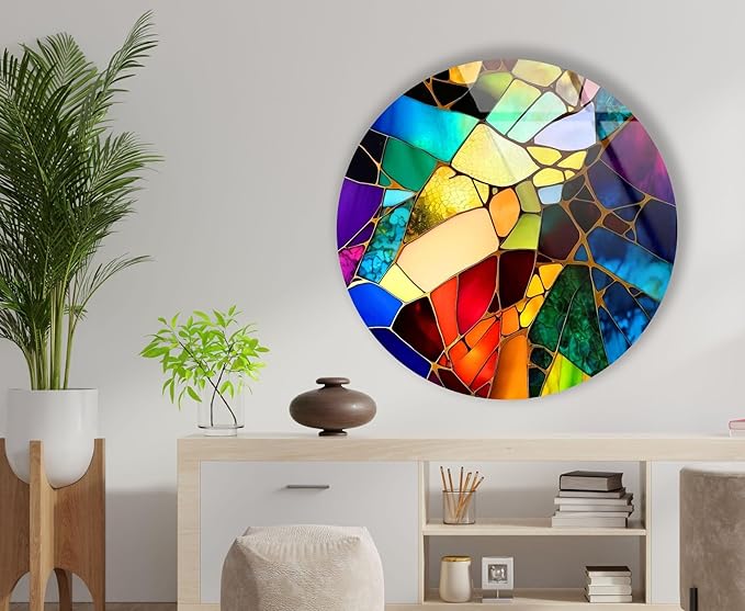 My Photostation.com 31.5''(80cm) Diameter Multicolor Round Stained Glass Wall Art Vibrant Mosaic Abstract Panel Tempered Glass Printing Wall Decor Large Wall Art Wall Hangings