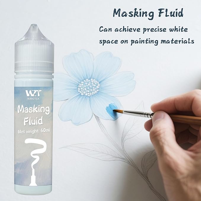 Masking Fluid for Watercolor Painting - 120ml Blue with a Paintbrush and Eraser - Art Masking Fluid Pen Watercolor Medium Art Supplies for Artists