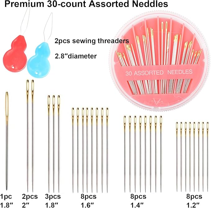 Eketirry 60pcs Premium Hand Sewing Needles，2 Pack 30-Count Assorted Needles for Sewing Repair, 6 Different Sizes Sewing Needles with 2 Threaders (Pink& Black,1)