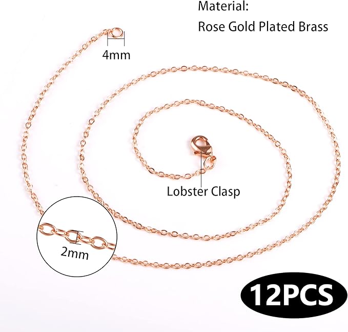 ALEXCRAFT Wholesale 12PCS Rose Gold Plated Solid Brass Chain Hypoallergenic Flat Cable Chains Link Bulk for Jewelry Making (20"(2.0MM))