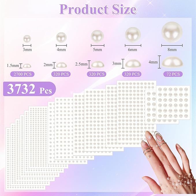 Phinus 3732Pcs Hair Pearls, 3/4/5/6/8mm White and Beige Pearl Stickers for Crafts, Hair Pearls Stick on Body Gems for Eye Nails Make up and DIY Decorations